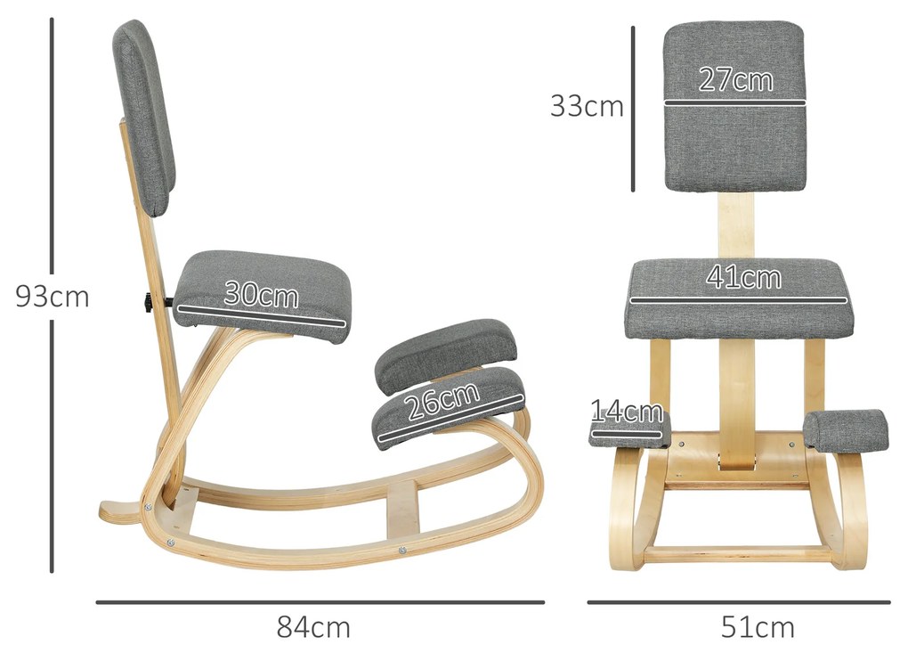 HOMCOM Scaun genunchi ergonomic, din lemn de mesteacăn, care permite o mișcare ușoară de leagăn, 51x84x93 cm, Gri | Aosom Romania