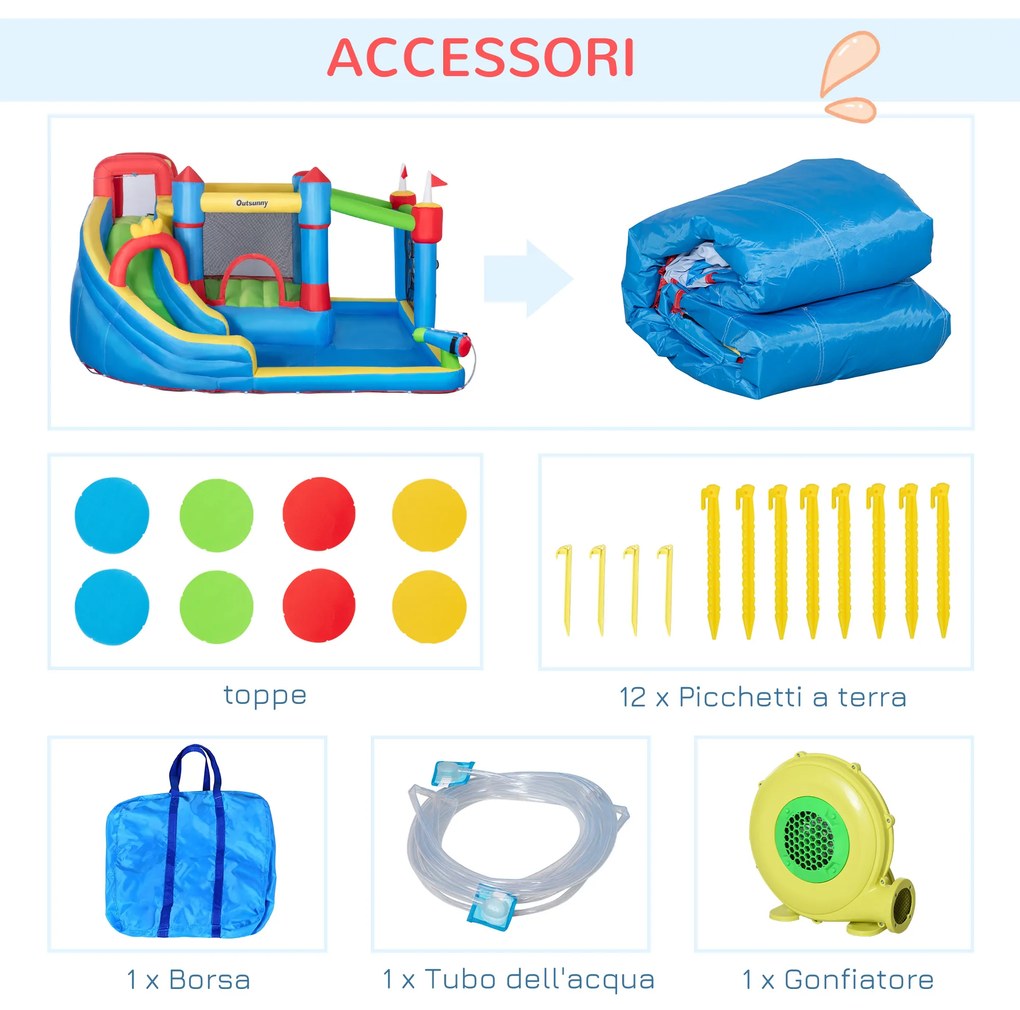 Outsunny Castel Gonflabil pentru Copii 5-în-1 , cu Sac de Transport pentru Pompă, pentru Copii de 3-8 Ani, 3,9x3x2 m ,Multicolor | Aosom Romania