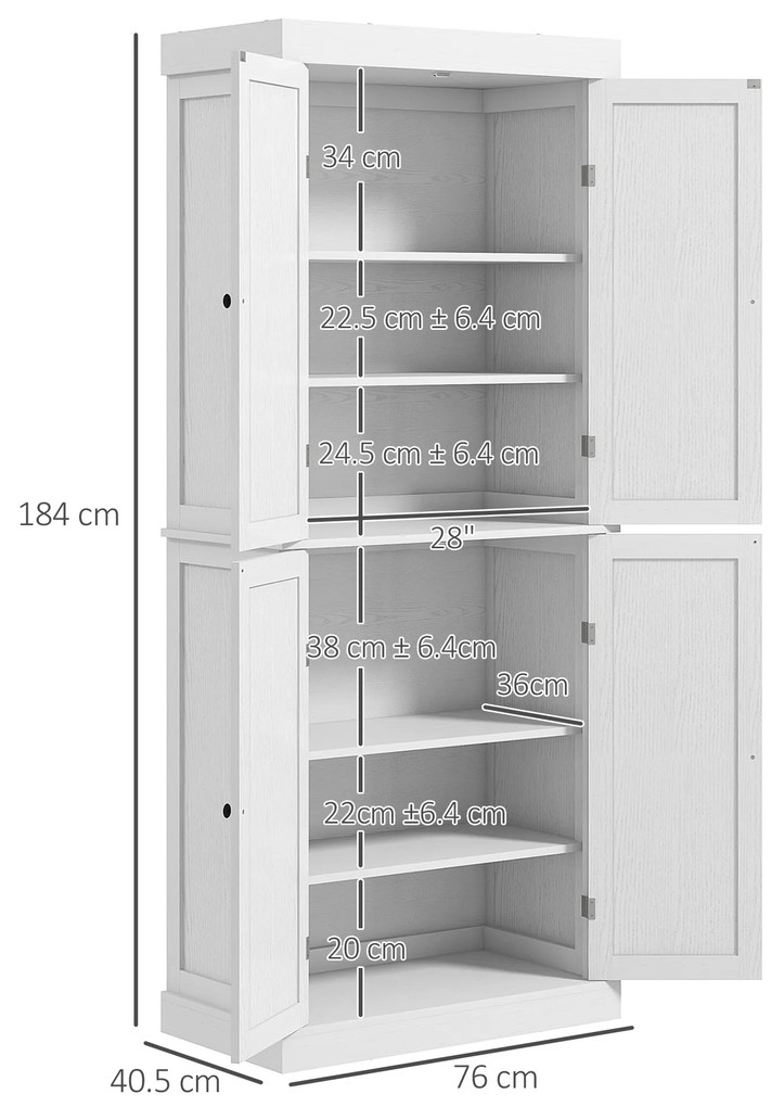 HOMCOM Dulap Înalt de Bucătărie cu 6 Rafturi și 2 Uși, Dulap cu Rafturi Reglabile din Lemn, 76x40,5x184 cm, Alb | Aosom Romania