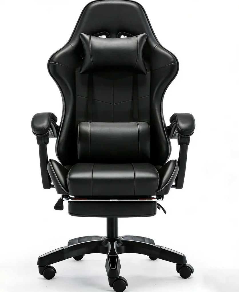 RESIGILAT- Scaun gaming, Masaj în perna lombară, Rabatabil 90-145°, Suport picioare, piele PU, Negru