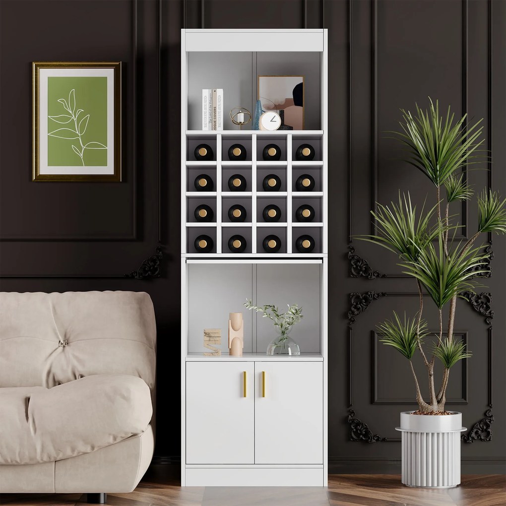 Mobilier pentru vin cu 16 Compartimente pentru Sticle, Multifuncțional ca Highboard pentru Sala de Mese sau Bibliotecă pentru Living, 50x40x180 cm, Alb