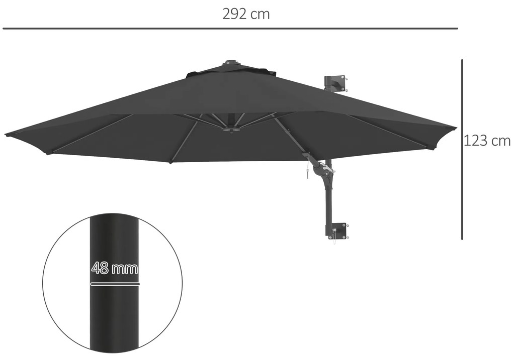 Outsunny Umbrela de Gradina de Montat pe Perete Umbrela cu Rotire, Umbrela de Piata de Exterior Umbrela pentru Protejare de Soare cu 8 Spite, Gri