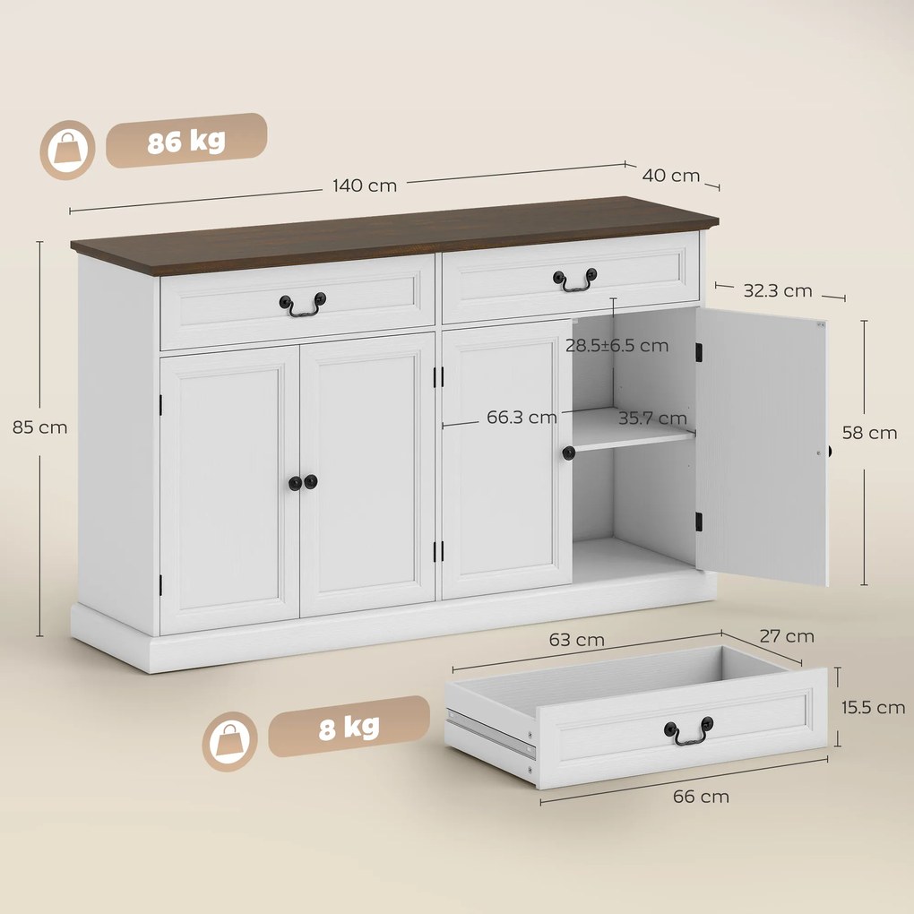 HOMCOM Bufet pentru living, corp de depozitare cu 4 uși, 2 sertare silențioase, rafturi reglabile, 140x40x85cm, alb și maro | Aosom Romania