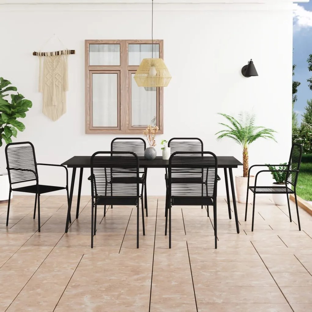 vidaXL Set mobilier de grădină, 7 piese, negru, sfoară bumbac și oțel