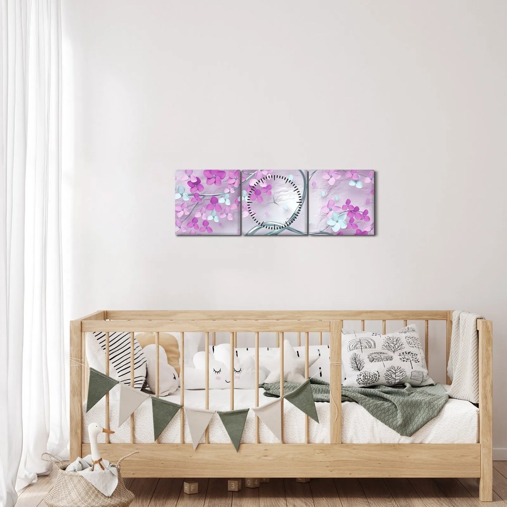 Tablouri cu flori pe trunchi argintiu - abstract (cu ceas) (90x30 cm)