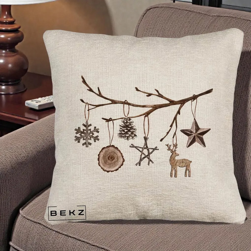 Perna Decorativa Ornamente de Lemn pe Ramura, 40x40 cm, Bej Canapea, Husa Detasabila, Perna Inclusa, BEKZ®