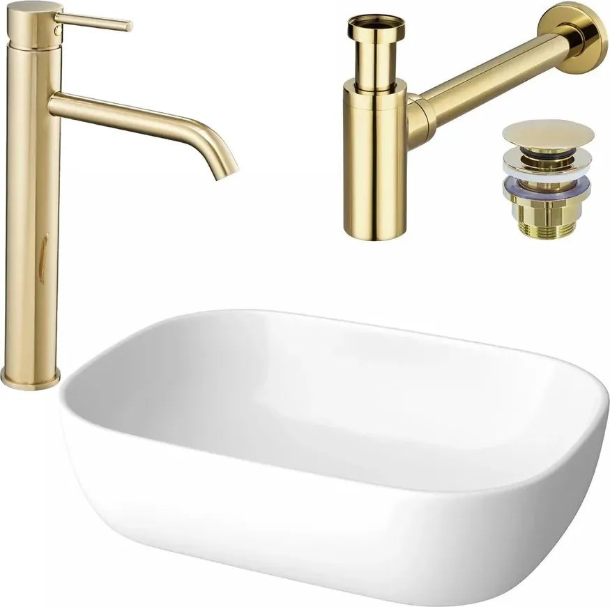 Pachet lavoar pe blat Cersanit Moduo alb 50.5 cm, baterie lavoar Rea Lungo auriu si ventil lavoar Click-Clack auriu
