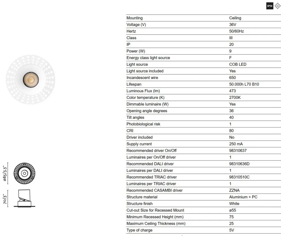 Spot LED incastrabil tavan orientabil trimless LOX 2700K alb