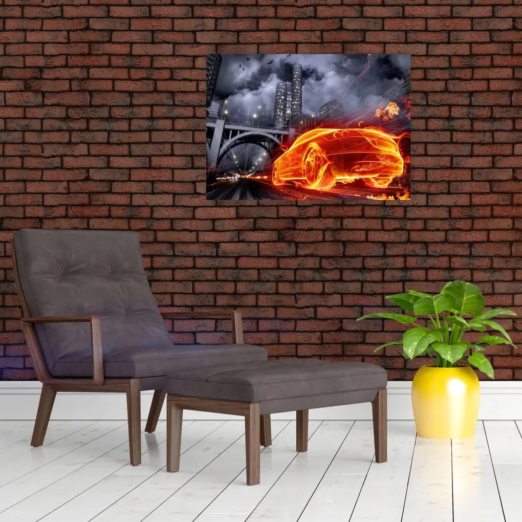 Tablou pe sticlă cu mașina în flăcărată (70x50 cm)