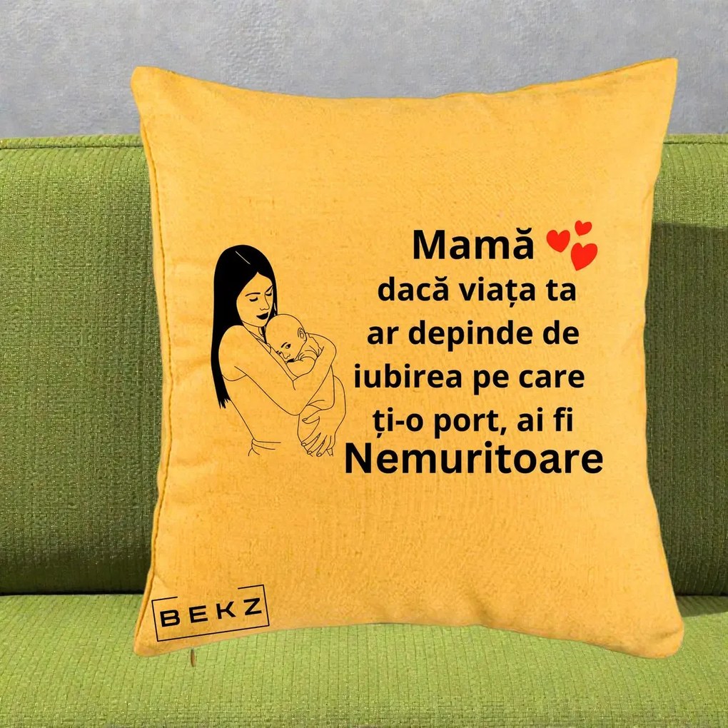 Cadou pentru Mama - Perna Personalizata Mama Nemuritoare Linie, 40x40 cm, Galben, Husa Detasabila, Perna Inclusa, BEKZ®