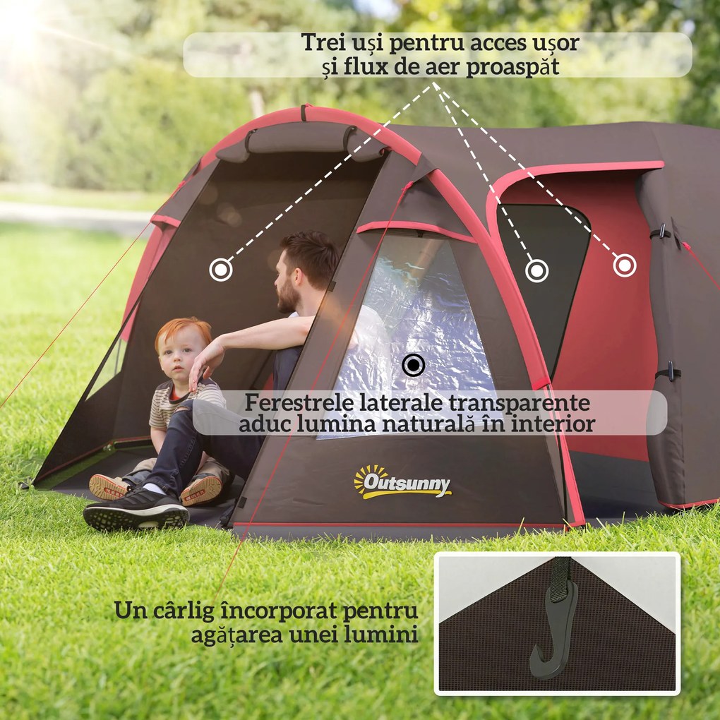 Outsunny Cort de Camping pentru 2-4 Persoane cu 2 Camere, Uși Duble și Geantă de Transport, 360x250x130 cm, Gri | Aosom Romania