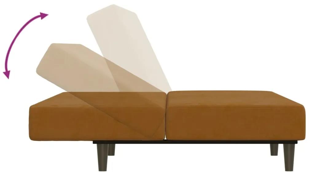 Canapea extensibila cu 2 locuri si taburet, maro, catifea Maro, Cu suport de picioare