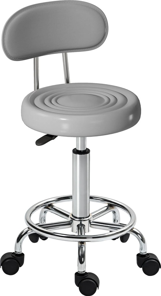 HOMCOM Taburet cu roți, rotativ și reglabil cu spătar, tapițerie din piele ecologică, suport pentru picioare, pentru mese de frizerie, Gri | Aosom Romania