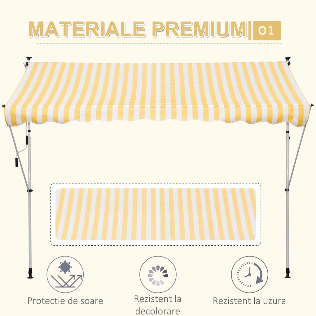 Outsunny Perdea Soare de Perete cu Stalp pentru Sprijin, Alb si Galben, 300x150cm