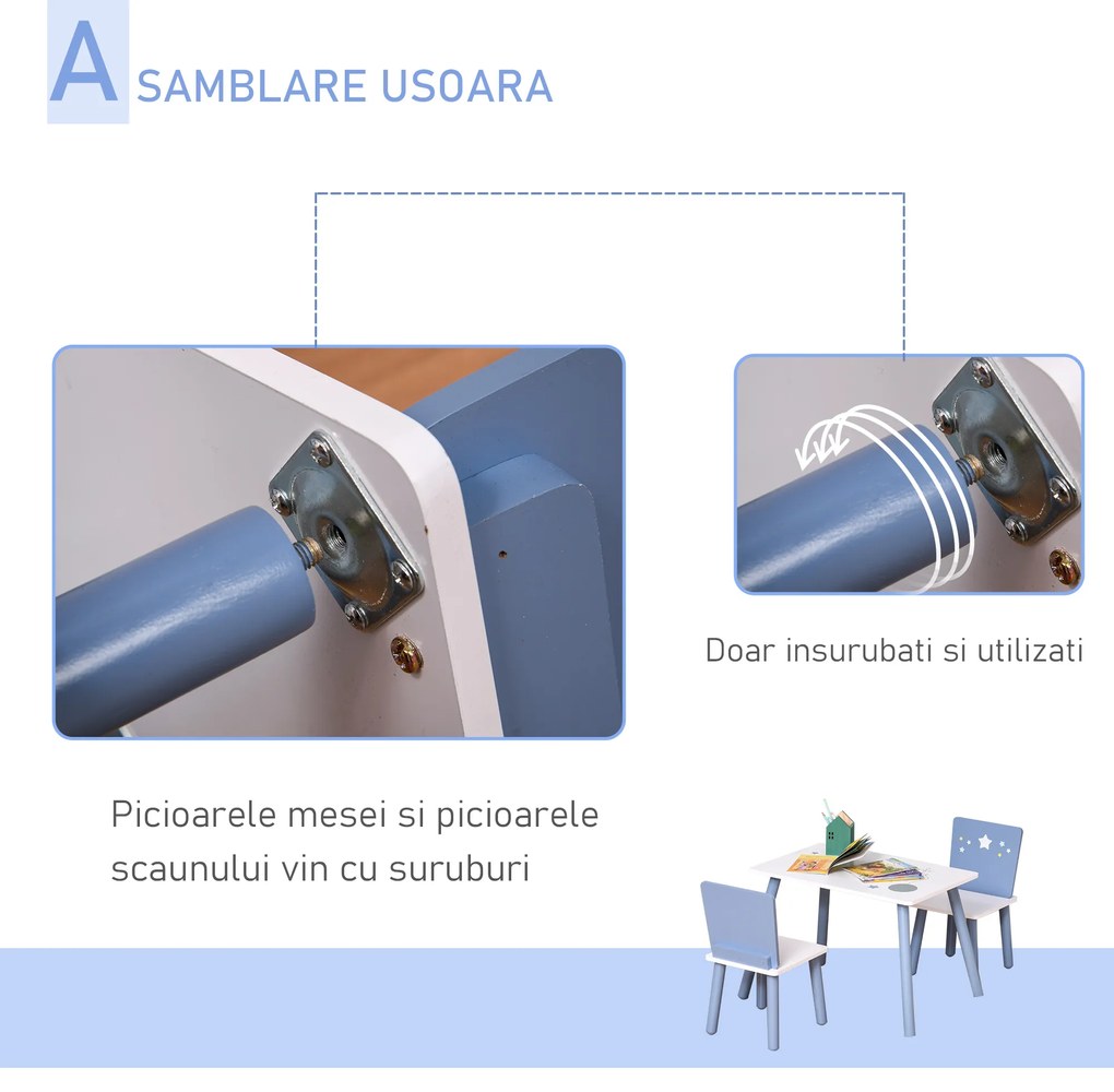 HOMCOM Set Mobilier pentru Copii, Masă și Scaune în Nuanțe de Albastru Deschis și Alb, pentru Vârste 2-6 Ani | Aosom Romania