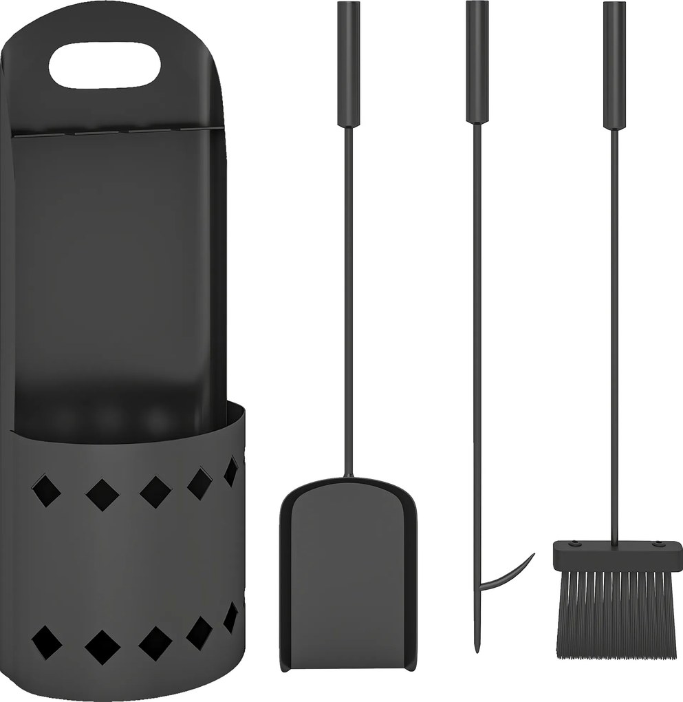 Outsunny Set servitor pentru șemineu 4 piese, accesorii unelte pentru șemineu cu mătură lopată tisonier și suport, din metal negru | Aosom Romania