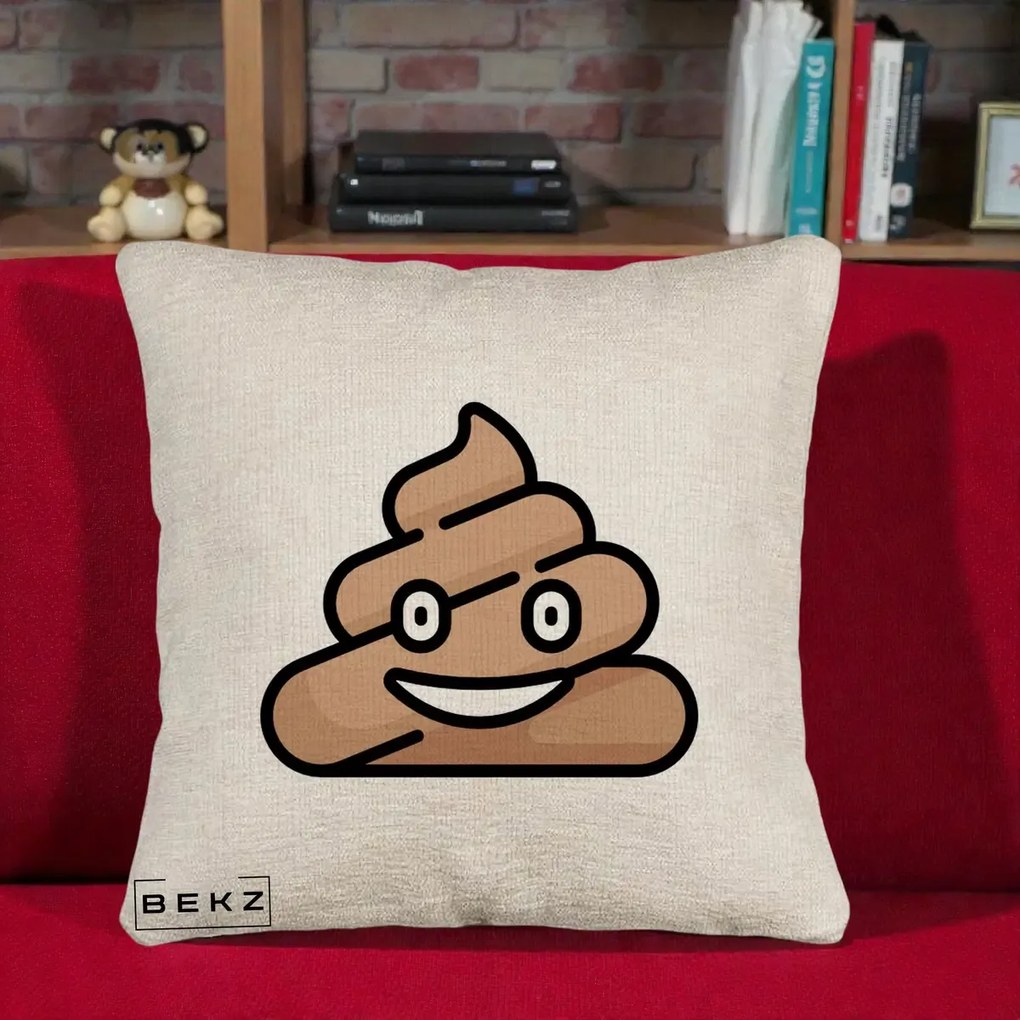 Perna Decorativa Emoji Poop Funny, 40x40 cm, Bej Canapea, Husa Detasabila, Perna Inclusa, BEKZ®