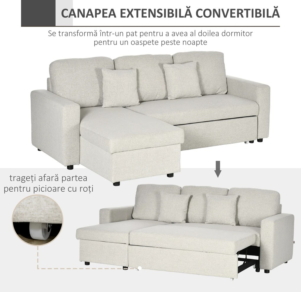 HOMCOM Canapea Extensibilă de Colț în Formă de L, Cu Șezlong Convertibil și Spațiu de Depozitare, Tapițerie Crem cu Efect de In, Perne Incluse | Aosom Romania