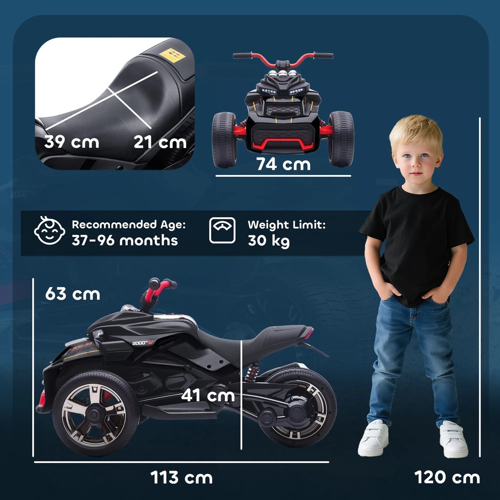 AIYAPLAY Quad electric copii mașină electrică pentru copii 12V 3 roți 2 motoare player MP3, claxon, 2 viteze 3-5 km/h negru | Aosom Romania