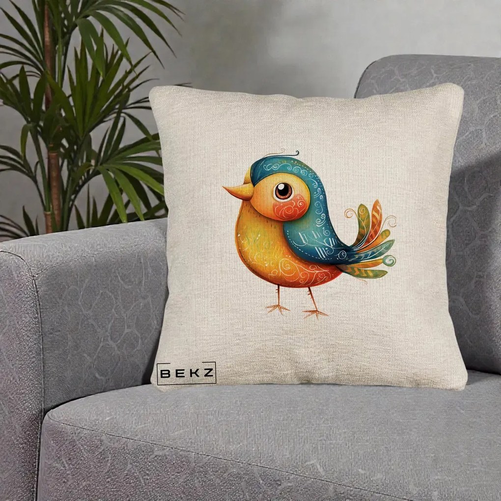 Perna Decorativa Pasare Folk Art Portocalie-Teal, 40x40 cm, Bej Canapea, Husa Detasabila, Perna Inclusa, BEKZ®