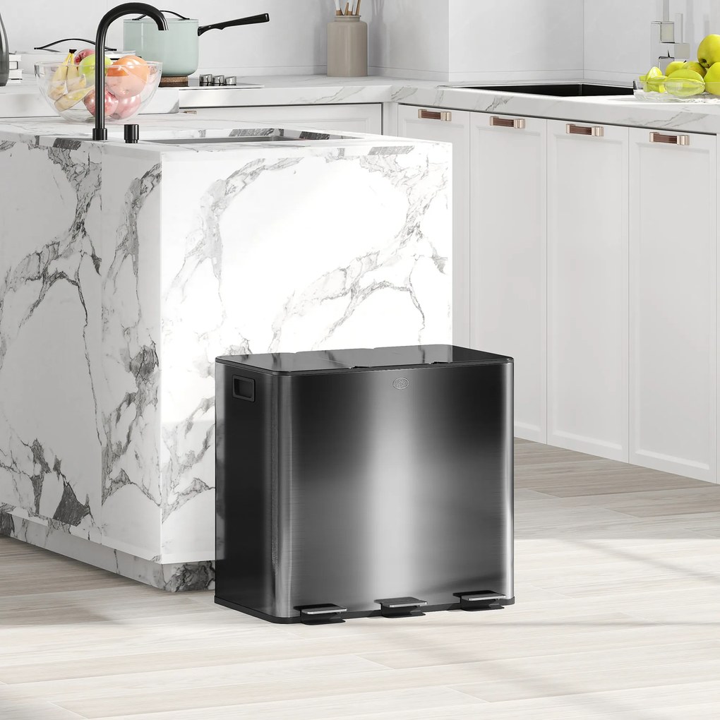 HOMCOM Coș de gunoi pentru bucătărie 45L cu 3 compartimente de 15L, capac, coșuri interioare detașabile, 3 x 15L, negru | Aosom Romania