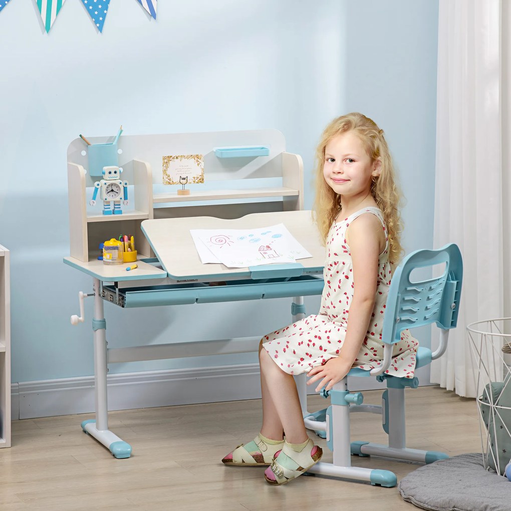 HOMCOM Set Birou și Scaun pentru Copii Reglabile, Inclinabilă la 60° cu Sertar, Rafturi și Suport, 3+ Ani, Albastru | Aosom Romania