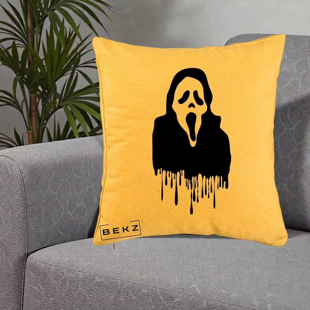 Perna Personalizata Halloween Ghostface Scream Picurand, 40x40 cm, Galben, Husa Detasabila, Perna Inclusa, BEKZ®