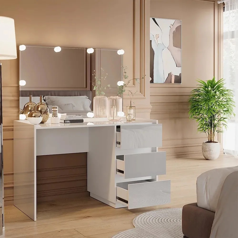 Masuta machiaj cu Oglinda LED si 3 Sertare pentru Cosmetice, Set Masa toaleta 120 cm, Alb Lucios, masuta cosmetica, vanity - SEA805