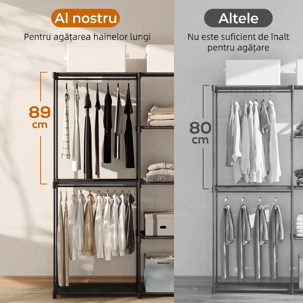 HOMCOM Dulap de Haine cu 2 Bare și 4 Rafturi, din Material Non-Țesut, Plastic și Oțel, 142x43x185 cm, Negru | Aosom Romania