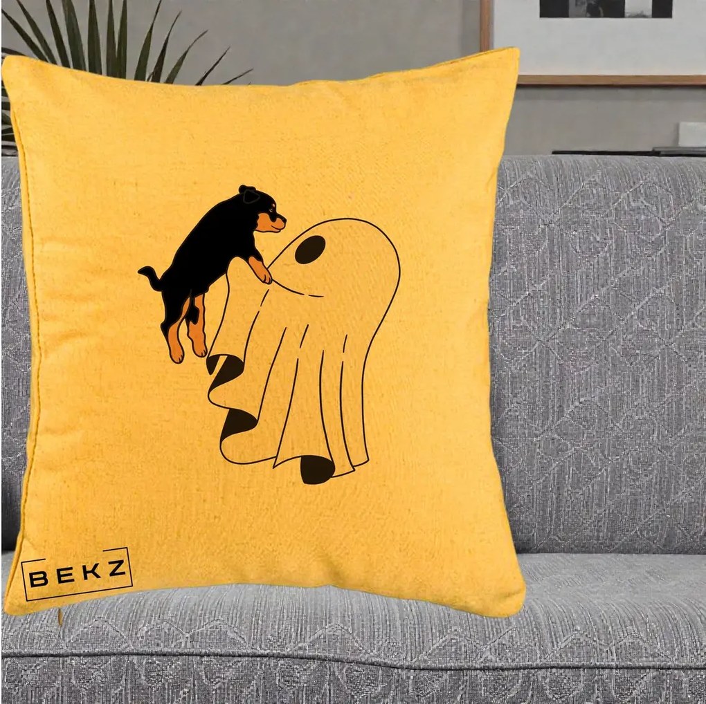 Perna Decorativa Caine Rottweiler Fantoma Halloween, 40x40 cm, Galben, Husa Detasabila, Perna Inclusa, BEKZ®