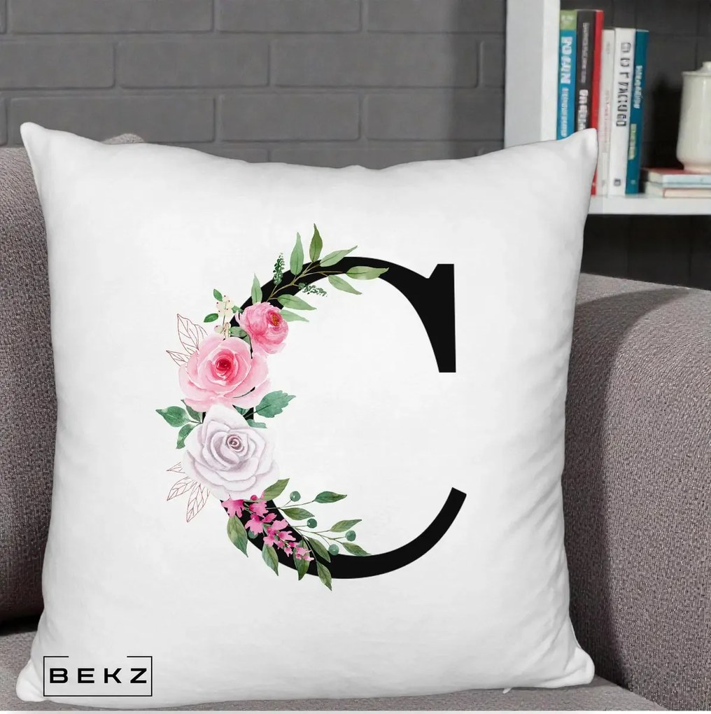 Cadou Personalizat - Perna Personalizata Monograma Florala Litera C, 40x40 cm, Alb Pufos, Husa Detasabila, Perna Inclusa, BEKZ®