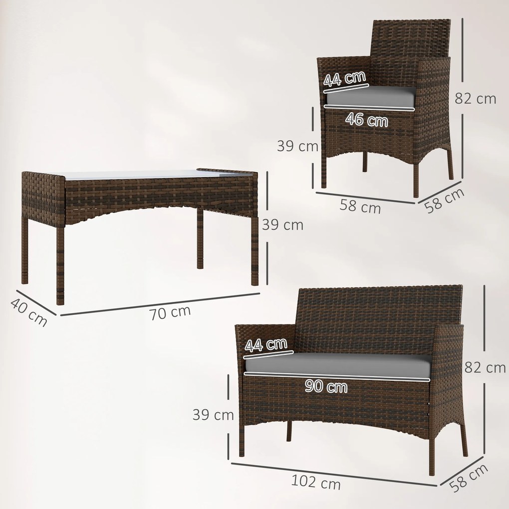 Outsunny Set Mobilier de Grădină din 4 Piese cu Canapea, 2 Fotolii și Măsuță de Cafea, 102x58x82 cm, Maro | Aosom Romania