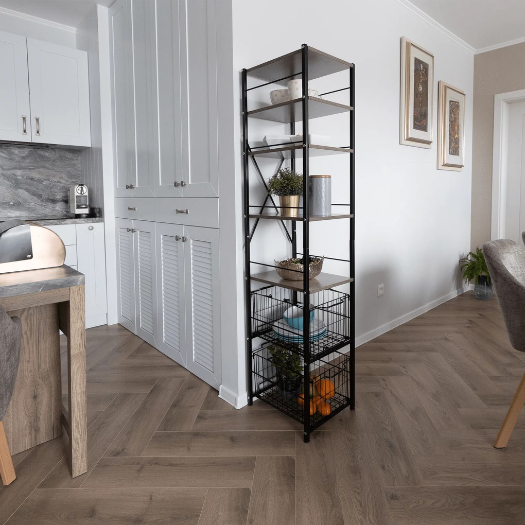 Etajeră cu 5 rânduri cu 2 coşuri, negru/natural, RATTO