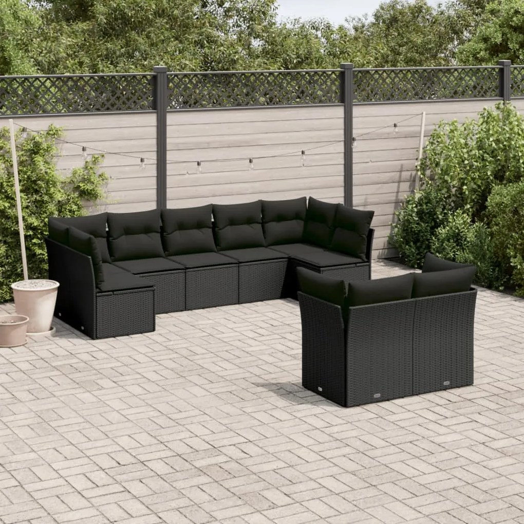 Set mobilier de gradina cu perne, 9 piese, negru, poliratan