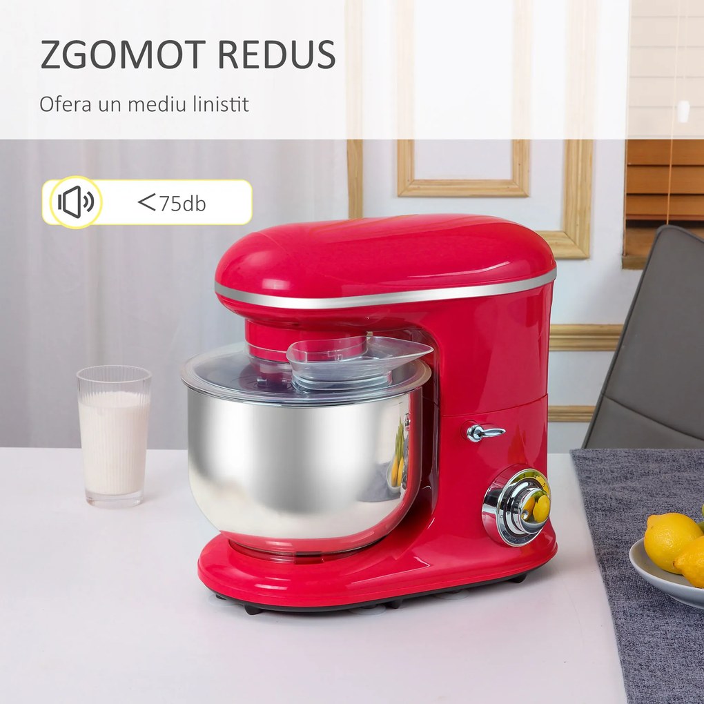 Mixer planetar HOMCOM cu 6 viteze de 1200W, cu bol 5.5l, carlig framantare si 2 teluri, rosu | Aosom RO