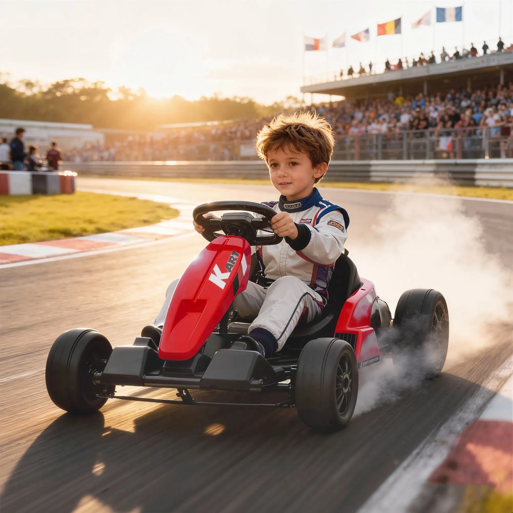 AIYAPLAY Go-Kart electric 24V, mod Drift, scaun reglabil, centură de siguranță în 5 puncte, funcție muzicală, claxon, 6-12 ani Roșu | Aosom Romania