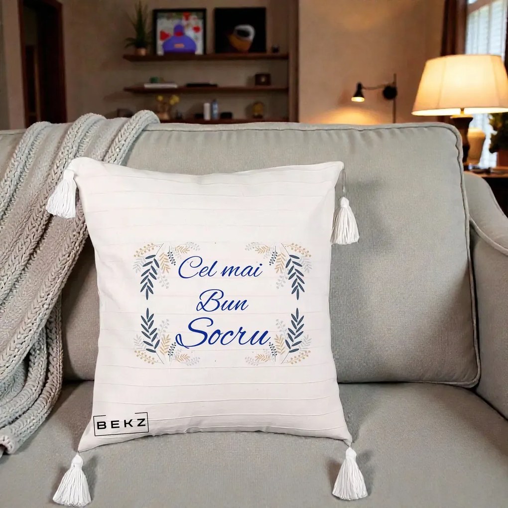 Cadou pentru Socru - Perna Personalizata Cel mai Bun Socru cu Ramuri Frunze Albastre si Aurii, 40x40 cm, Bej cu Franjuri, Husa Detasabila, Perna Inclusa, BEKZ®