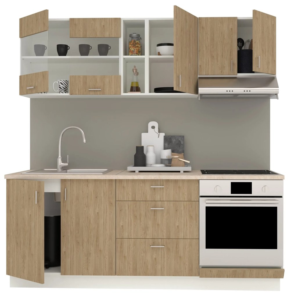 Set Bucatarie Karo V12, Lemn Natural/Alb, Blat Thermo 28 mm, L 200 cm