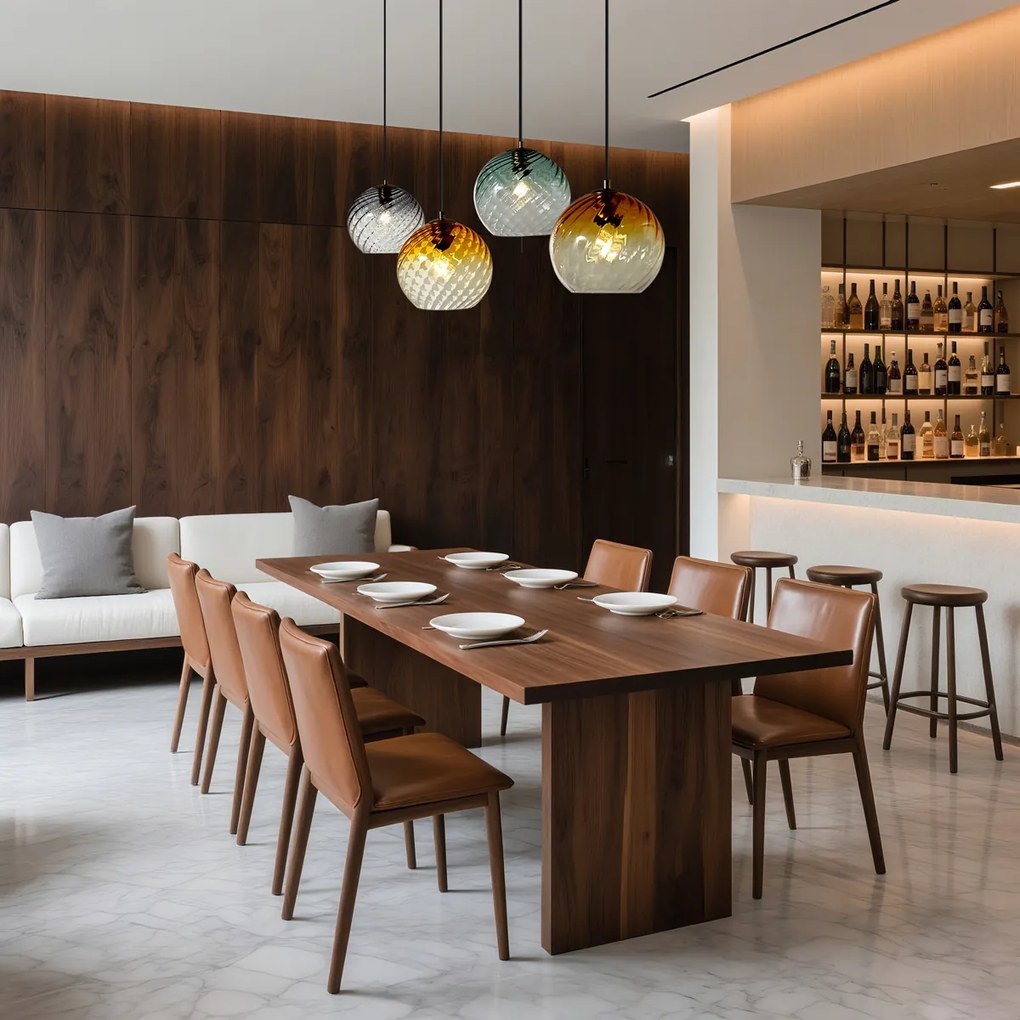 Lampă suspendată bronz cu sticlă dreptunghiulară fumurie, chihlimbar și verde, cu 4 lumini - Bao