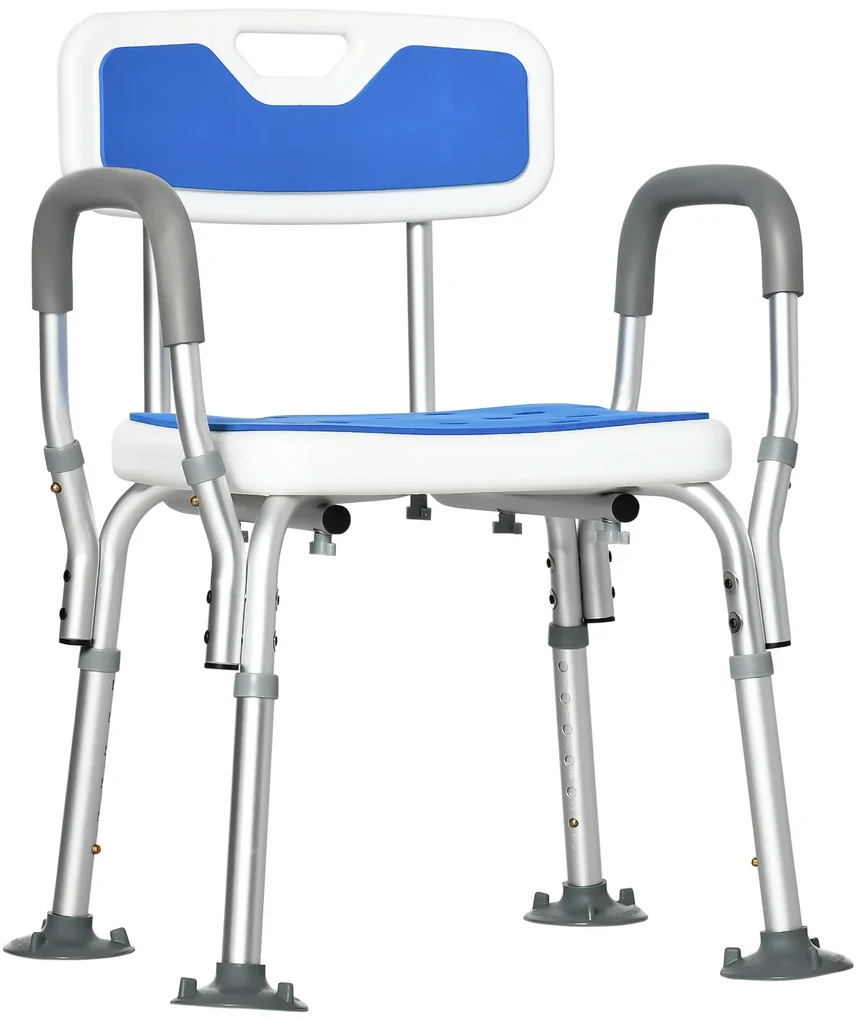 HOMCOM Scaun de Duș cu Căptușeală EVA și Înălțime Reglabilă, Cotiere, Picioare cu Ventuză și Aluminiu, 56,5x53,5x74-87 cm, Albastru | Aosom Romania