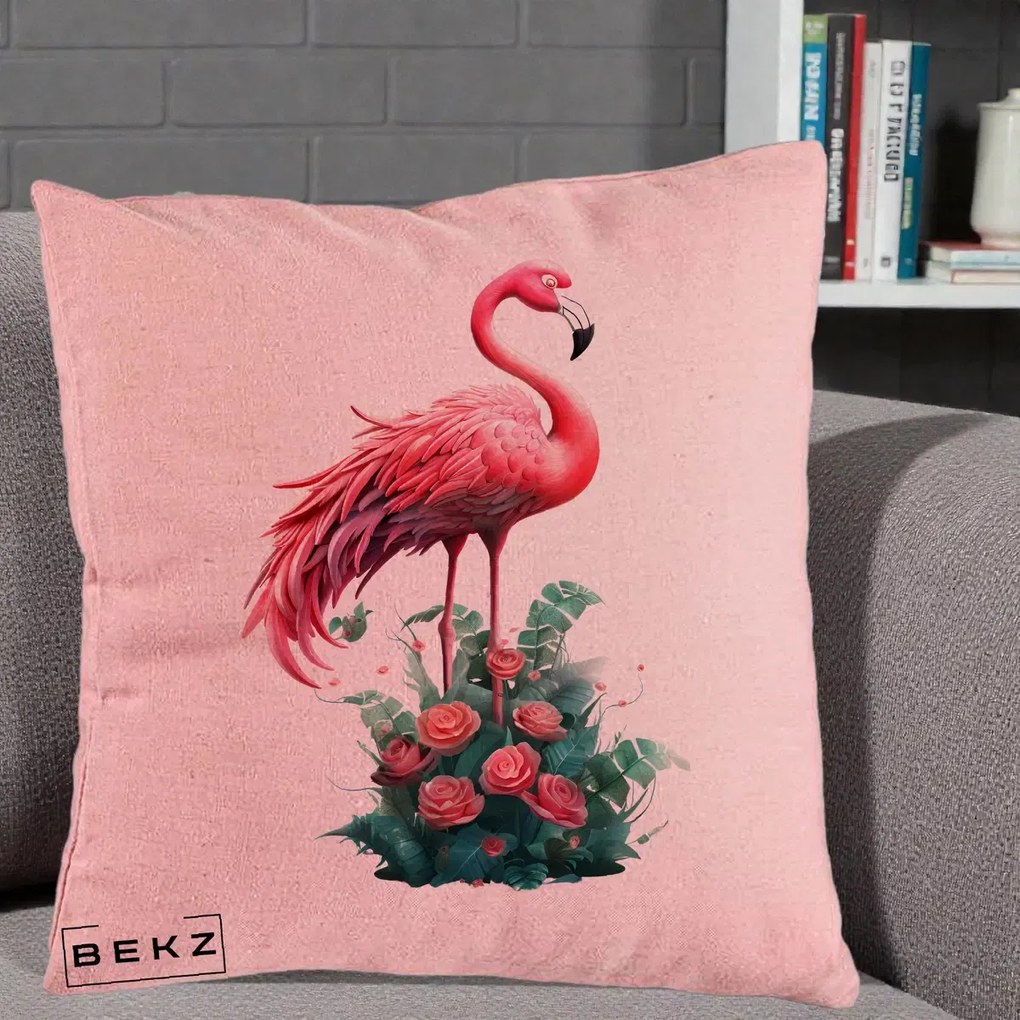 Perna Decorativa Flamingo cu Trandafiri Tropicali, 40x40 cm, Roz, Husa Detasabila, Perna Inclusa, BEKZ®