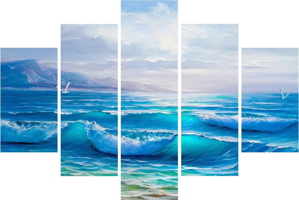 Tablou - Pictură în ulei de mare cu pescăruși (150x105 cm)