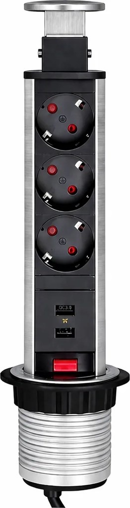 Priză încorporabilă în blat Lift Box Design Light, 3 prize Schuko, 2 porturi USB, inox, D:71 mm D:71 mm; H:328 mm, Inox, Metal/Plastic