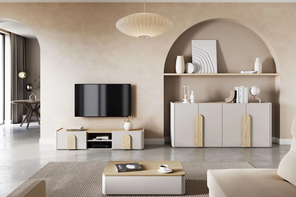 Comodă TV Amilio 170 cm cu sertar - cashmere / stejar uleiat / mânere stejar deschis