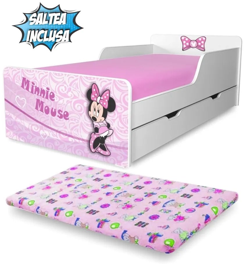 Pat Start Minnie fete 2-12 ani cu sertar si saltea 160x80x6 cm cu lana PC-P-MK-SRT-MIN-80