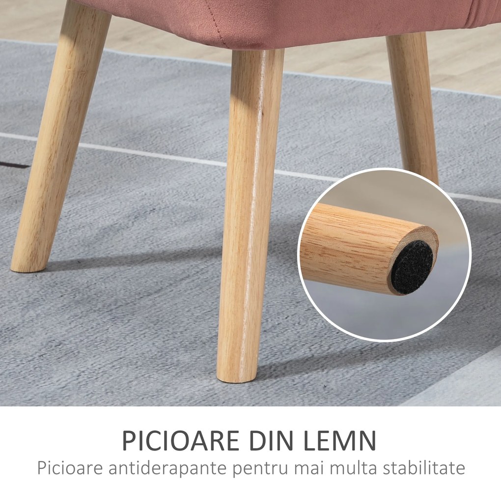 Fotoliu in stil nordic din lemn si efect de catifea roz pentru sufragerie sau birou, 68,5x61x72,5cm HOMCOM | Aosom Romania