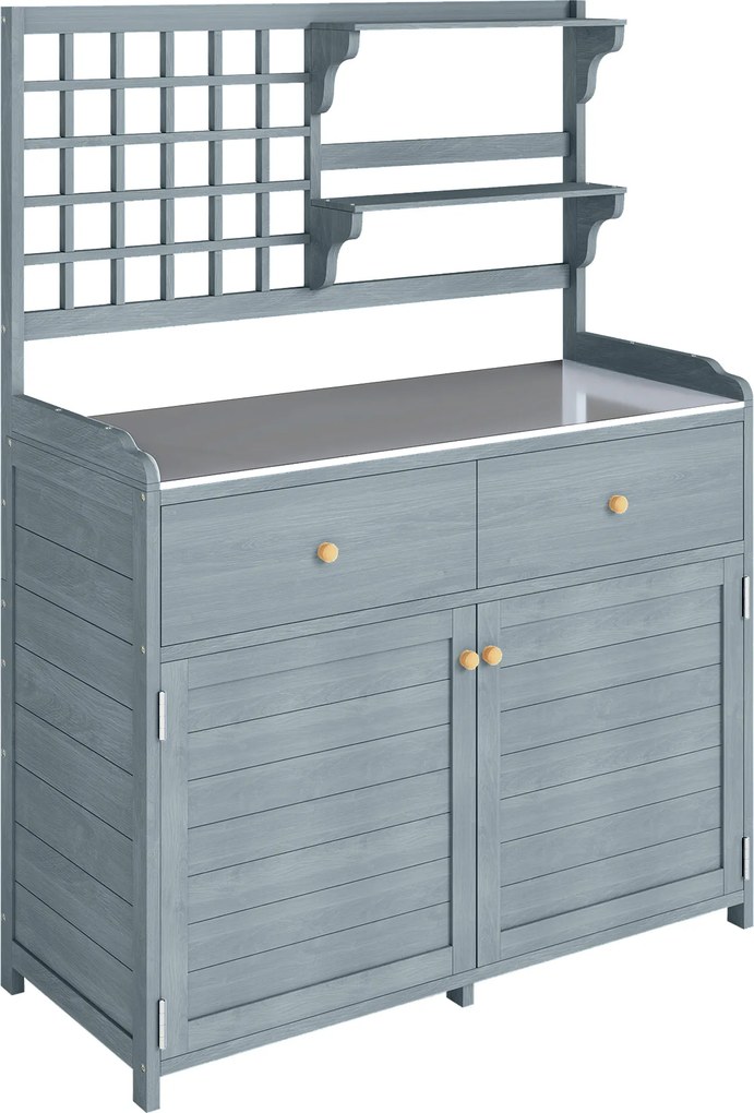 Outsunny Masă de plantat cu dulap inferior pentru exterior, dulap de grădină din lemn cu blat galvanizat, 2 sertare 104x44x140 cm Gri deschis | Aosom Romania