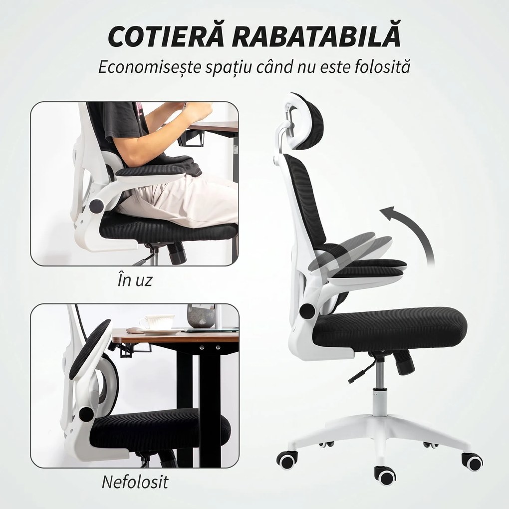 HOMCOM Scaun Birou cu Înălțime Reglabilă, Brațe Rabatabile și Tetieră, Scaun Ergonomic 62x61x112-120 cm, Negru | Aosom Romania