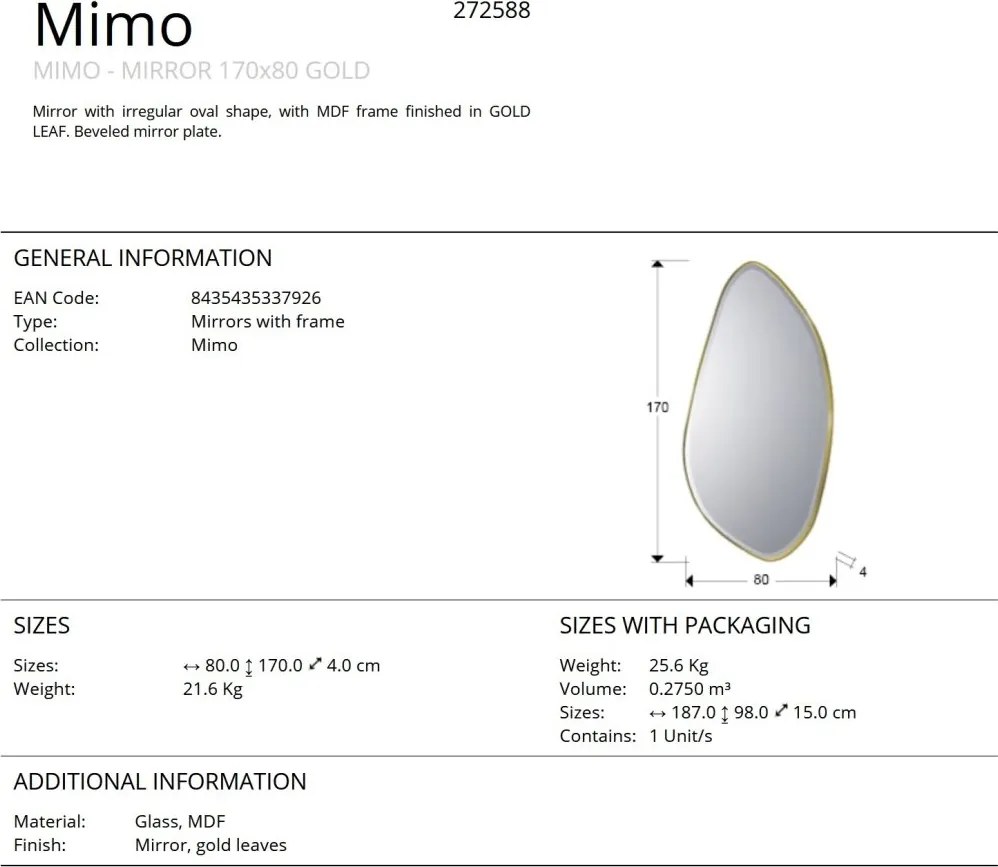 Oglinda decorativa ovala 170x80cm Mimo, aurie