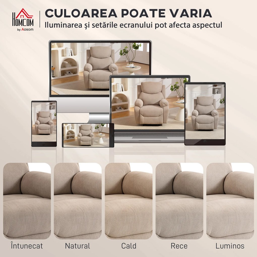 HOMCOM Fotoliu Rabatabil Manual cu Pernă Groasă, Suport pentru Picioare, 85x93x105cm, Bej | Aosom Romania